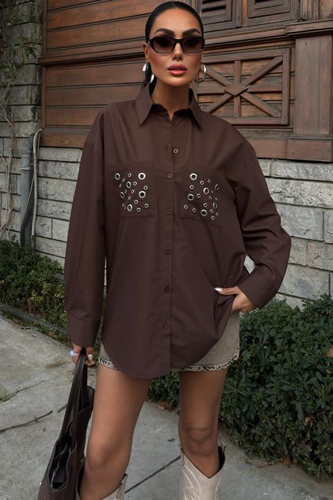 Metal Eyelet Detail Poplin Shirt 3453