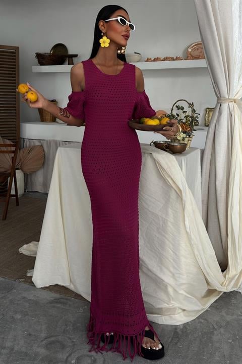 Shoulder Detailed Tasseled Knit Dress 2862