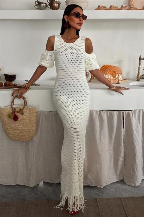 Shoulder Detailed Tasseled Knit Dress 2862