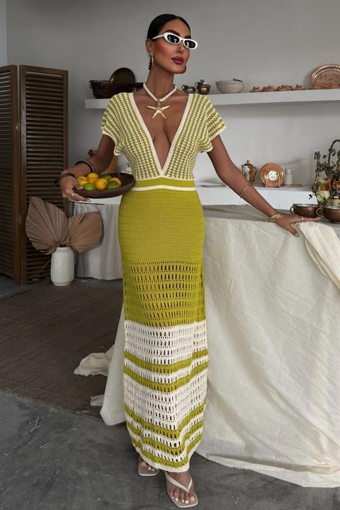 Shoulder Striped Openwork Knit Dress 2868