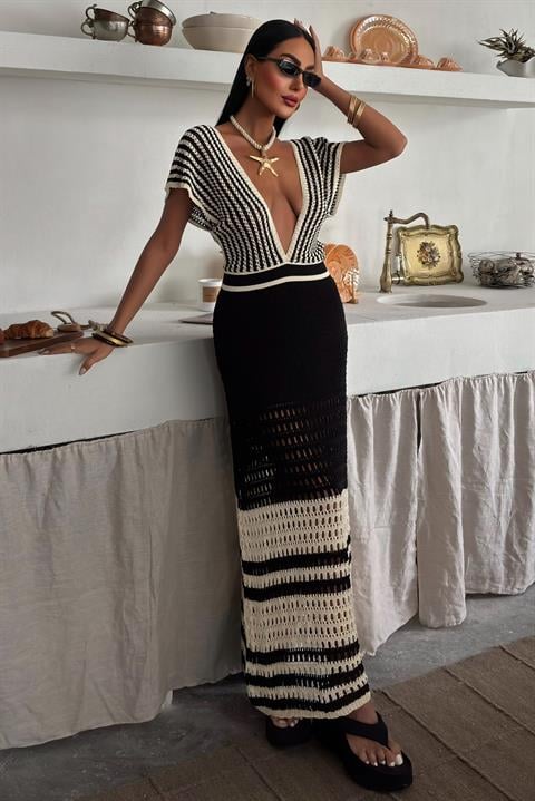 Shoulder Striped Openwork Knit Dress 2868