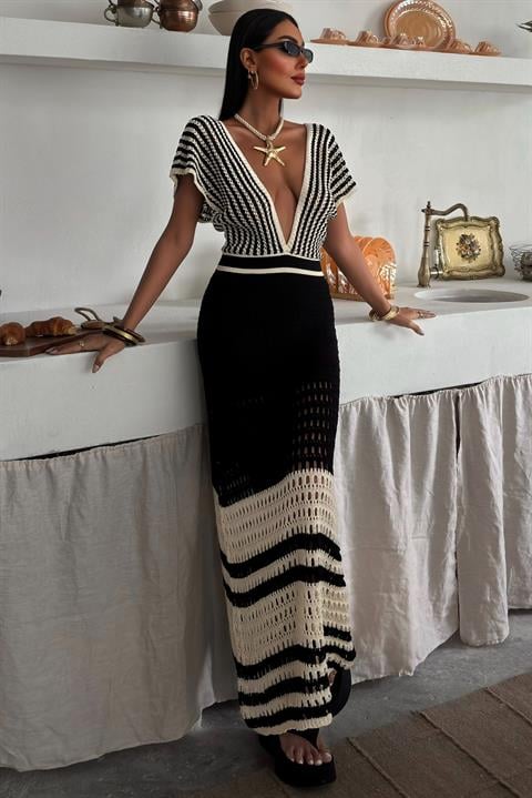 Shoulder Striped Openwork Knit Dress 2868