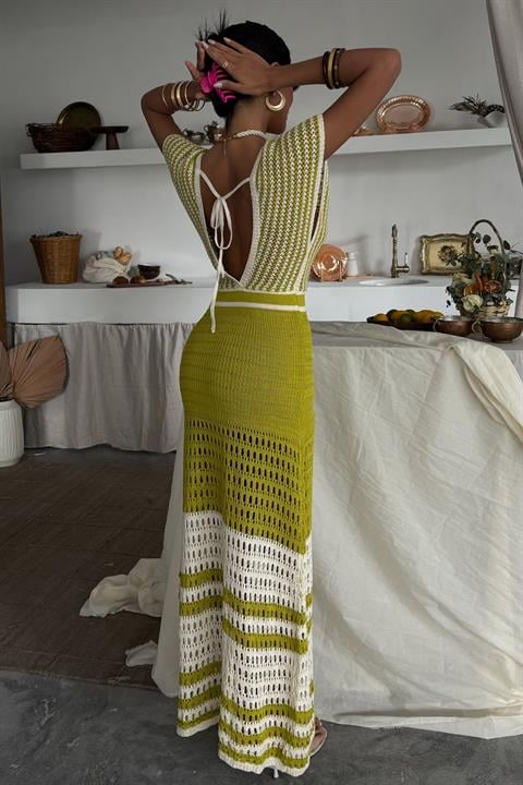 Shoulder Striped Openwork Knit Dress 2868