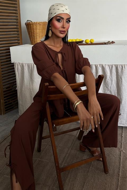 Lace-up Front Slit Hem Crinkle Casual Suit 10183