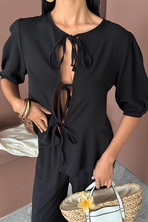 Lace-up Front Slit Hem Crinkle Casual Suit 10183