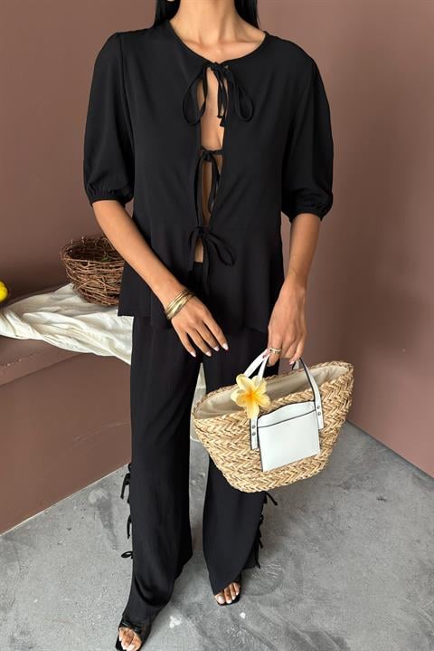 Lace-up Front Slit Hem Crinkle Casual Suit 10183