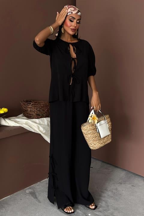 Lace-up Front Slit Hem Crinkle Casual Suit 10183