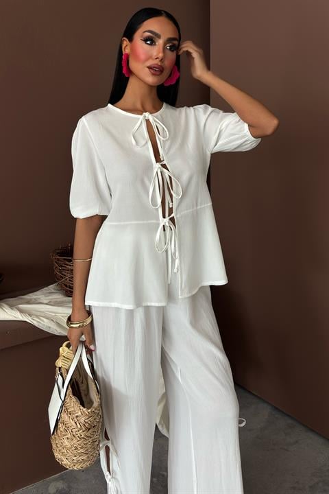 Lace-up Front Slit Hem Crinkle Casual Suit 10183