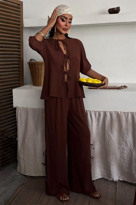 Lace-up Front Slit Hem Crinkle Casual Suit 10183