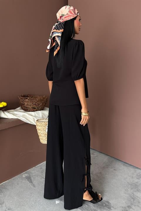 Lace-up Front Slit Hem Crinkle Casual Suit 10183