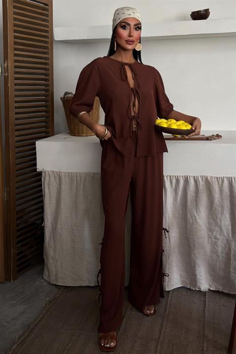 Lace-up Front Slit Hem Crinkle Casual Suit 10183