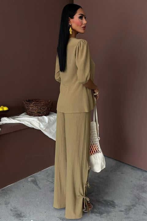 Lace-up Front Slit Hem Crinkle Casual Suit 10183