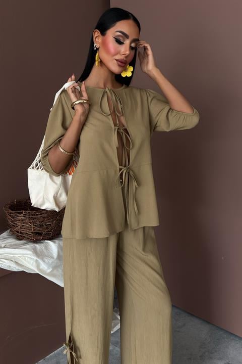 Lace-up Front Slit Hem Crinkle Casual Suit 10183