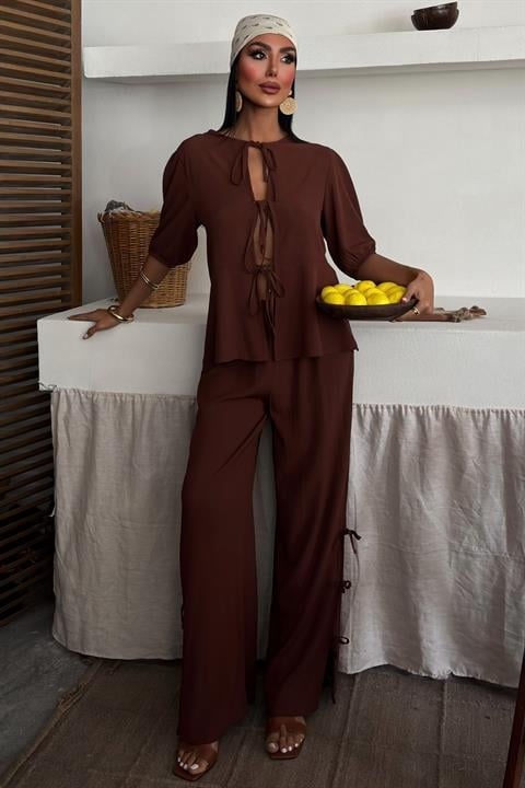 Lace-up Front Slit Hem Crinkle Casual Suit 10183