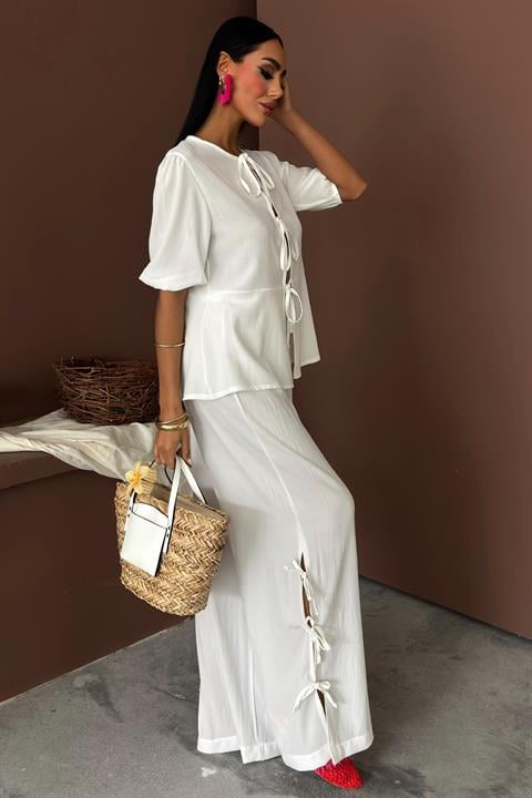 Lace-up Front Slit Hem Crinkle Casual Suit 10183