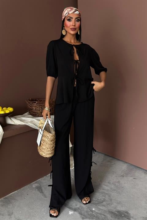 Lace-up Front Slit Hem Crinkle Casual Suit 10183