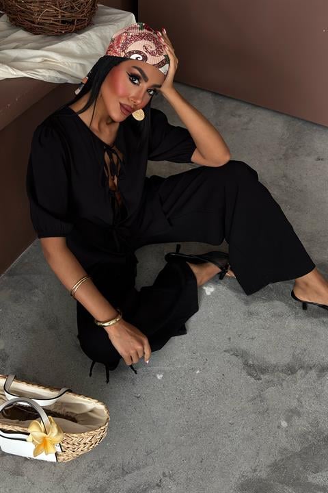 Lace-up Front Slit Hem Crinkle Casual Suit 10183