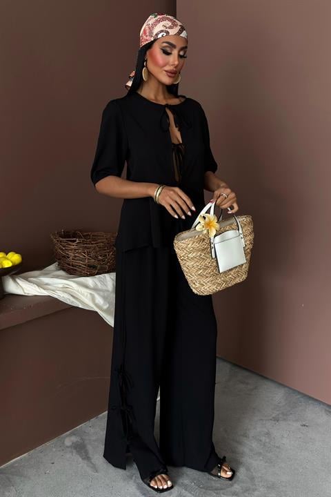 Lace-up Front Slit Hem Crinkle Casual Suit 10183