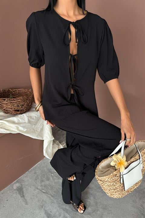Lace-up Front Slit Hem Crinkle Casual Suit 10183