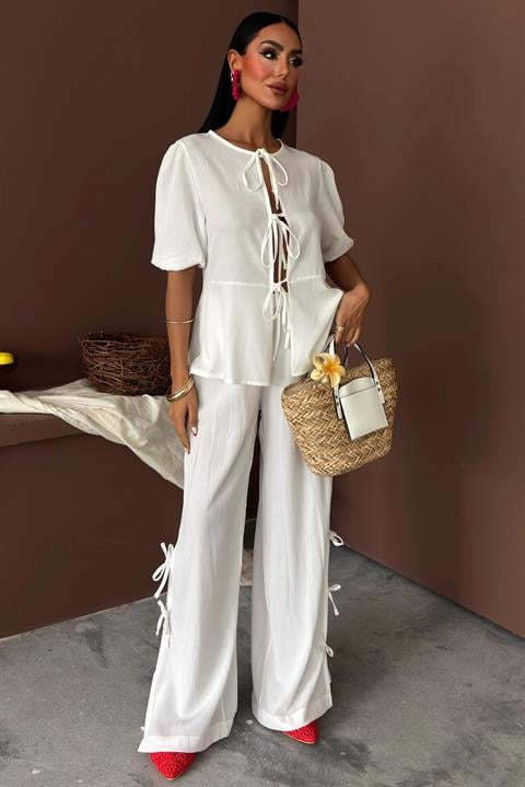 Lace-up Front Slit Hem Crinkle Casual Suit 10183