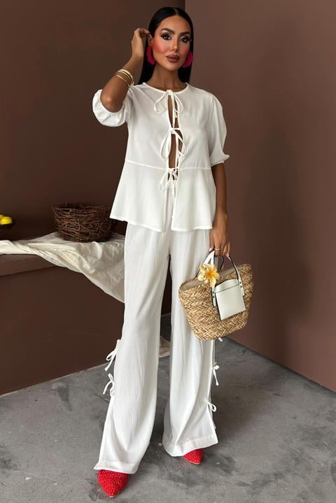 Lace-up Front Slit Hem Crinkle Casual Suit 10183