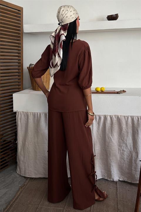 Lace-up Front Slit Hem Crinkle Casual Suit 10183