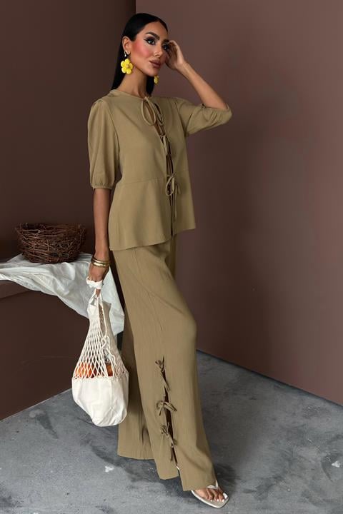 Lace-up Front Slit Hem Crinkle Casual Suit 10183
