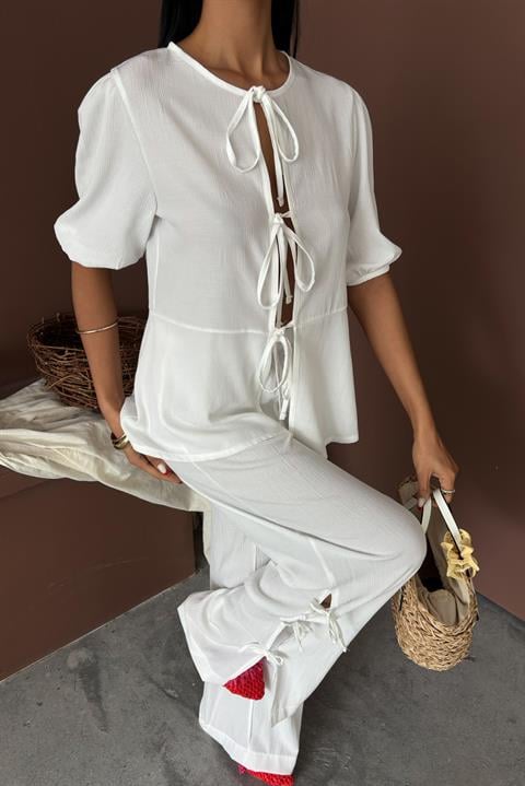 Lace-up Front Slit Hem Crinkle Casual Suit 10183