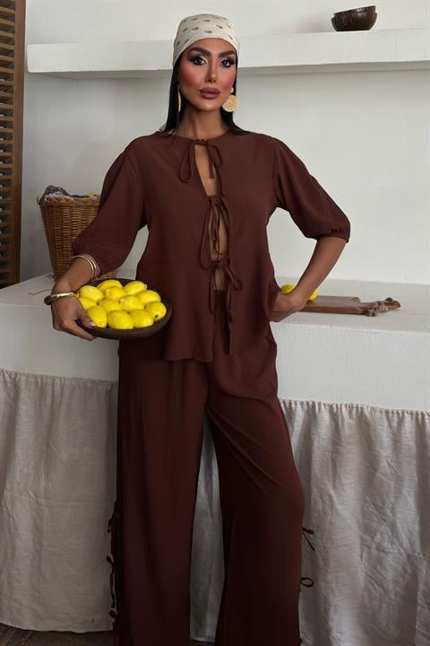 Lace-up Front Slit Hem Crinkle Casual Suit 10183