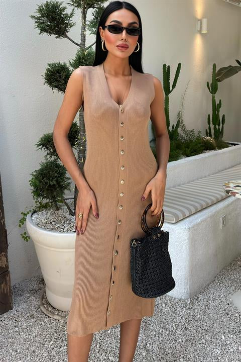 Buttoned Front Ribbed Sleeveless Dress 2832