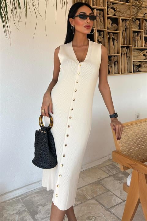 Buttoned Front Ribbed Sleeveless Dress 2832