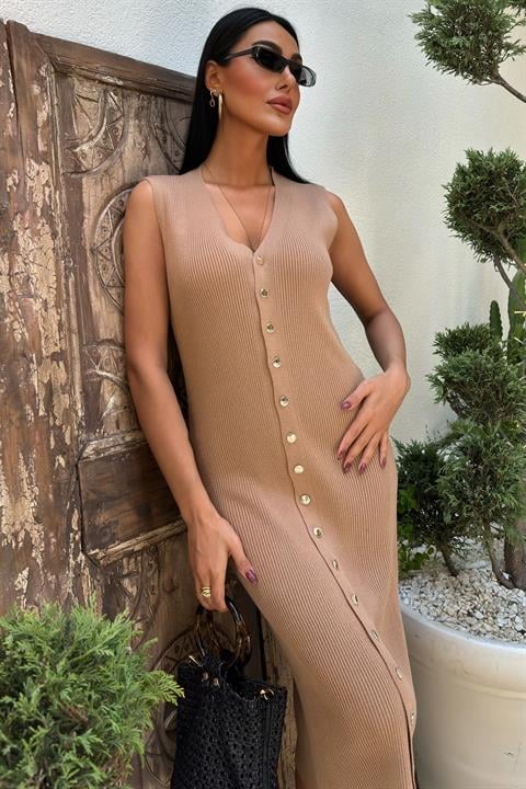 Buttoned Front Ribbed Sleeveless Dress 2832