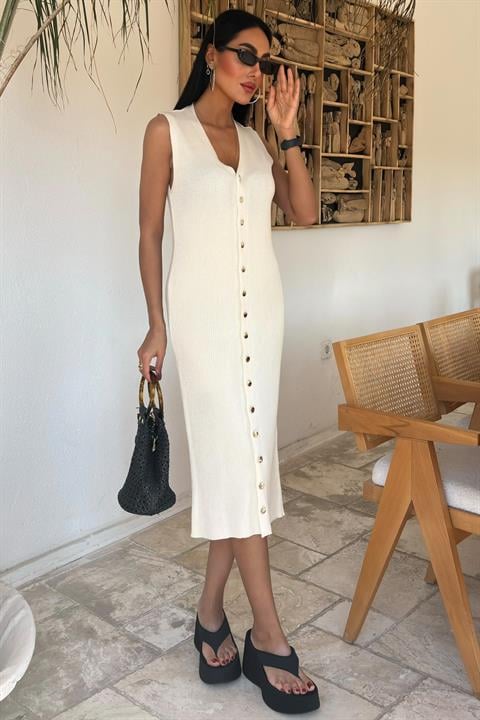 Buttoned Front Ribbed Sleeveless Dress 2832