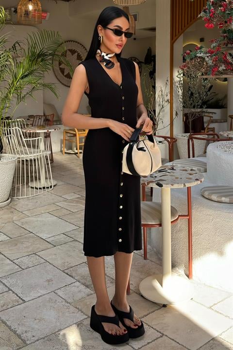 Buttoned Front Ribbed Sleeveless Dress 2832