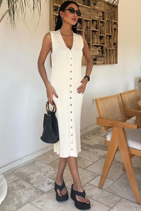 Buttoned Front Ribbed Sleeveless Dress 2832