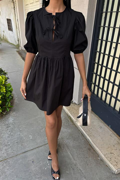 Front Bow Tie and Balloon Sleeve Dress 2893