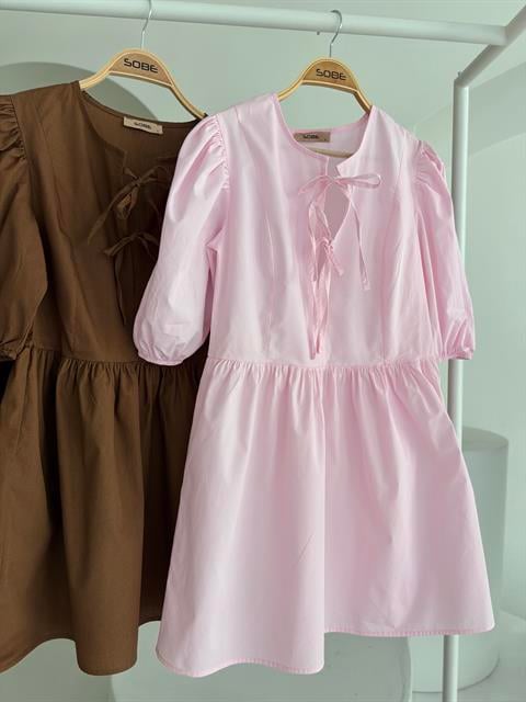 Front Bow Tie and Balloon Sleeve Dress 2893
