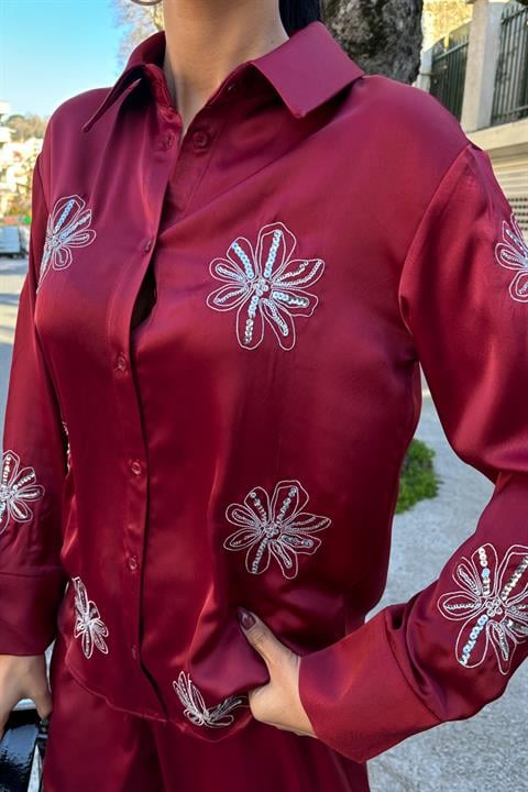 Sequined Glittered Floral Satin Double Suit 10044