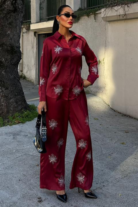 Sequined Glittered Floral Satin Double Suit 10044