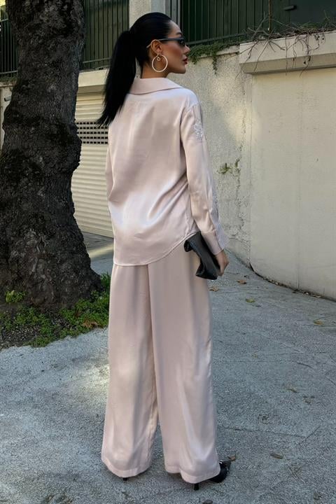 Sequined Glittered Floral Satin Double Suit 10044