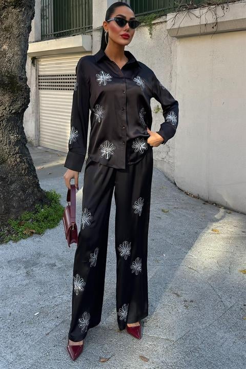 Sequined Glittered Floral Satin Double Suit 10044