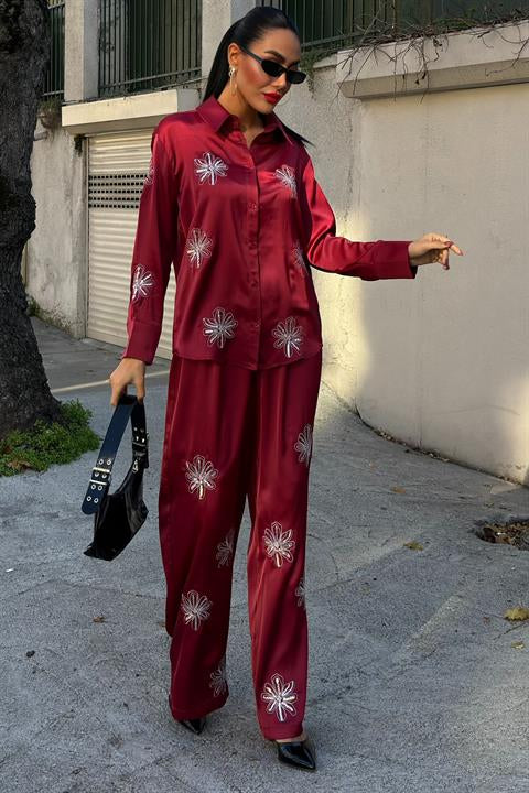 Sequined Glittered Floral Satin Double Suit 10044