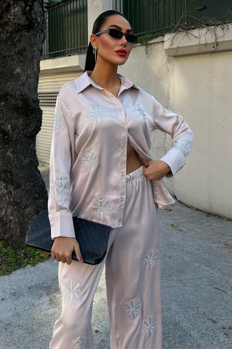 Sequined Glittered Floral Satin Double Suit 10044