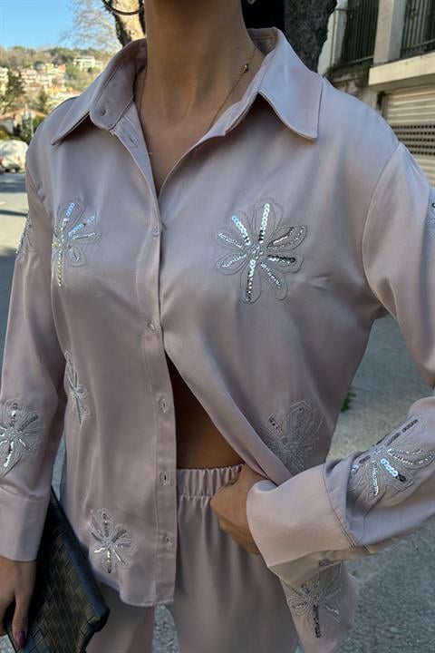 Sequined Glittered Floral Satin Double Suit 10044