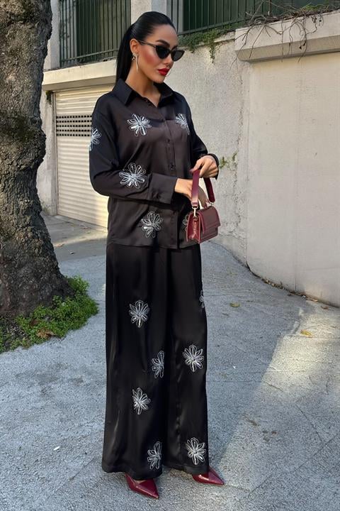 Sequined Glittered Floral Satin Double Suit 10044