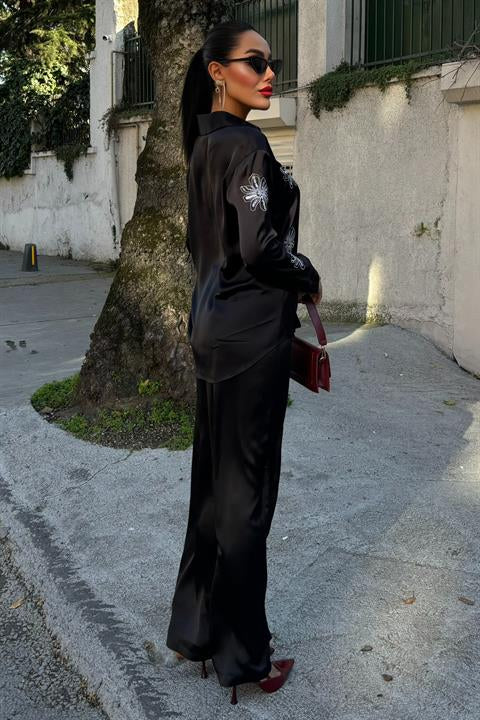 Sequined Glittered Floral Satin Double Suit 10044