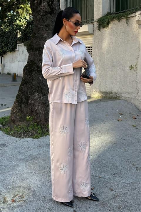 Sequined Glittered Floral Satin Double Suit 10044