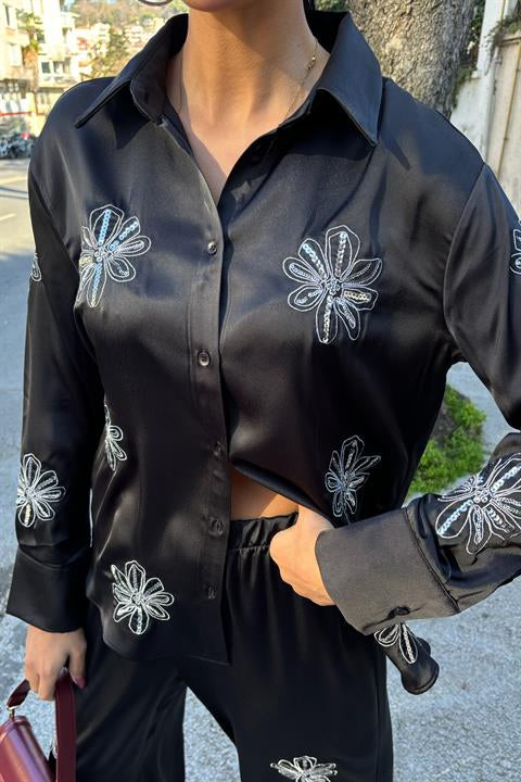 Sequined Glittered Floral Satin Double Suit 10044