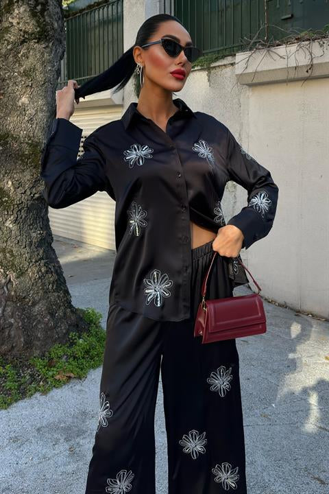 Sequined Glittered Floral Satin Double Suit 10044