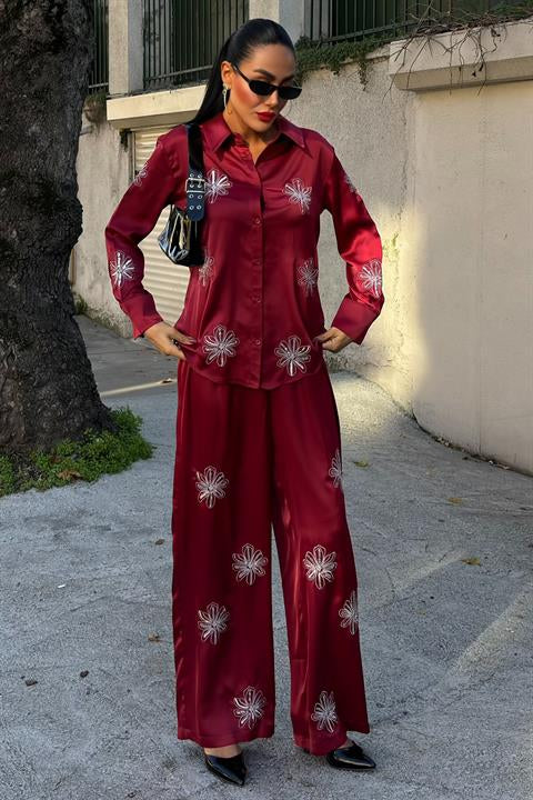 Sequined Glittered Floral Satin Double Suit 10044